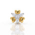 A three-leaf clover-shaped ring featuring polished yellow gold leaves and a central cluster of round-cut white diamonds, shown on a clean white background with a soft reflection below.