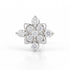 A silver-tone flower-shaped ring featuring multiple round and marquise-cut clear gemstones, set against a clean white background with a soft reflection.