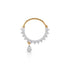 A gold-plated huggie hoop nosepin adorned with a curved row of clear pavé-set stones and a dangling pear-shaped clear stone, shown on a clean white background.