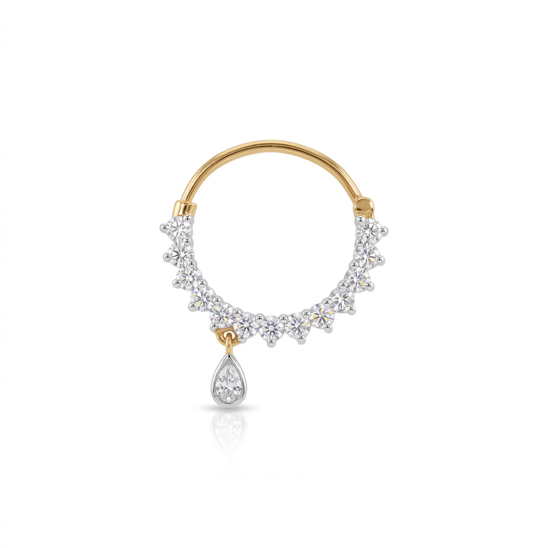 A gold-plated huggie hoop nosepin adorned with a curved row of clear pavé-set stones and a dangling pear-shaped clear stone, shown on a clean white background.