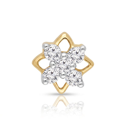A yellow gold four-pointed star-shaped nosepin with a cluster of clear round-cut gemstones in the center, shown on a white background with a soft reflection below.