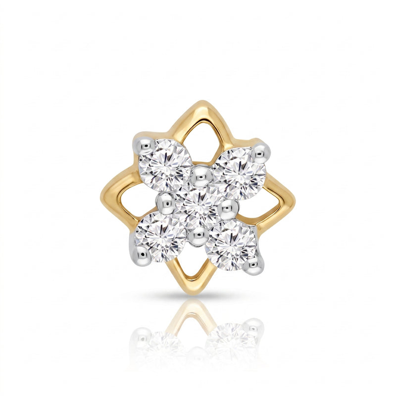 A yellow gold four-pointed star-shaped nosepin with a cluster of clear round-cut gemstones in the center, shown on a white background with a soft reflection below.