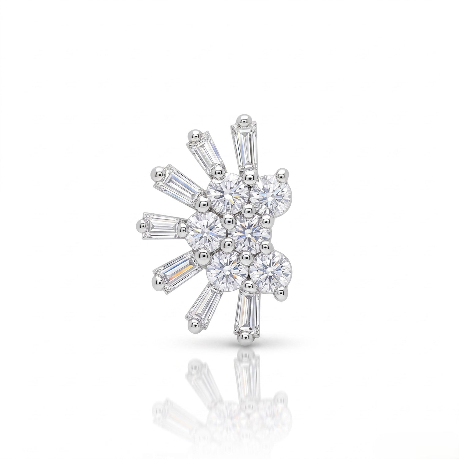 A silver-toned cluster stud nosepin featuring a central round-cut diamond surrounded by baguette-cut diamonds in a starburst or sunburst pattern, shown on a reflective white surface.