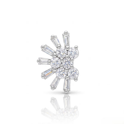 A silver-toned cluster stud nosepin featuring a central round-cut diamond surrounded by baguette-cut diamonds in a starburst or sunburst pattern, shown on a reflective white surface.