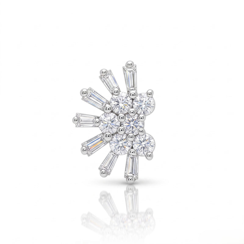 A silver-toned cluster stud nosepin featuring a central round-cut diamond surrounded by baguette-cut diamonds in a starburst or sunburst pattern, shown on a reflective white surface.