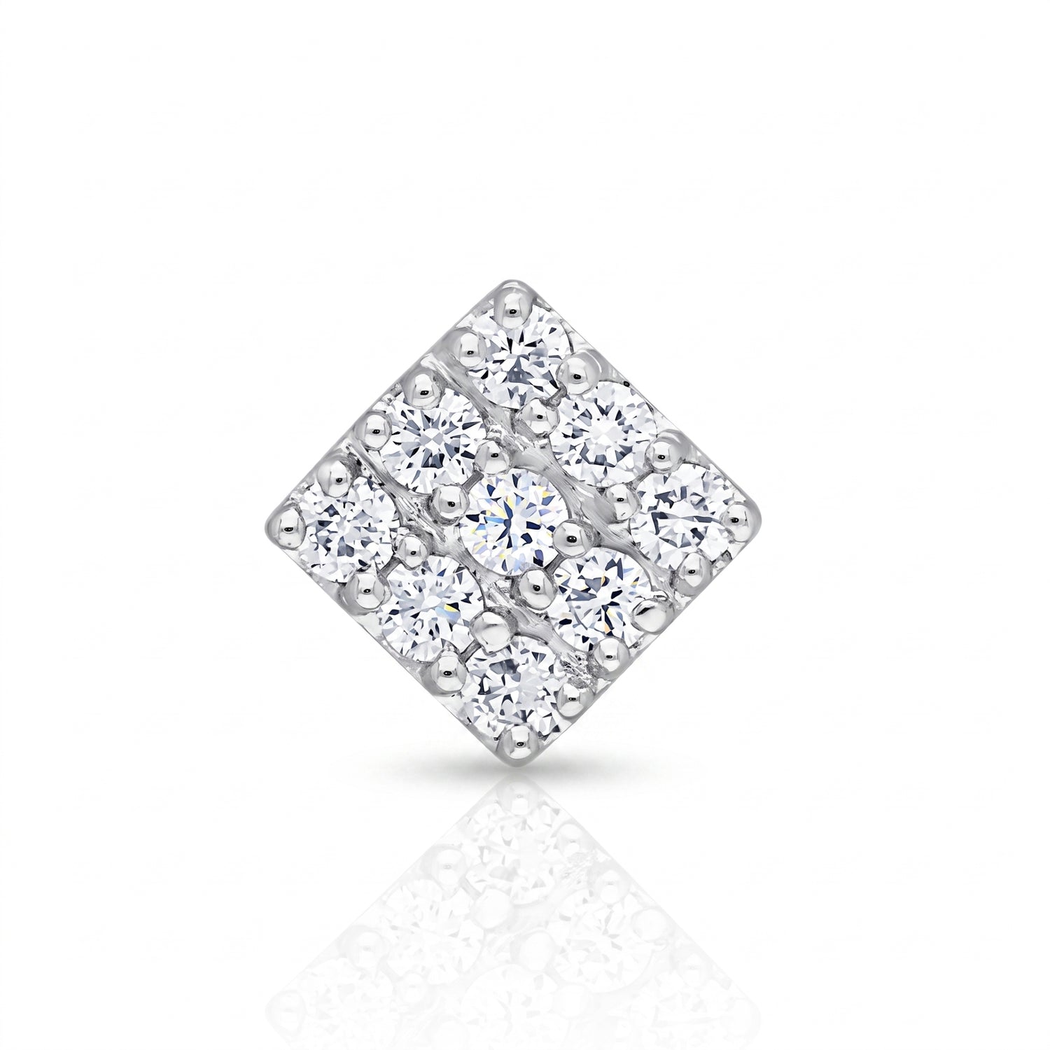 A square diamond-shaped cluster nosepin set with multiple round brilliant-cut clear stones in a silver-toned metal, shown on a white background with a soft reflection below.