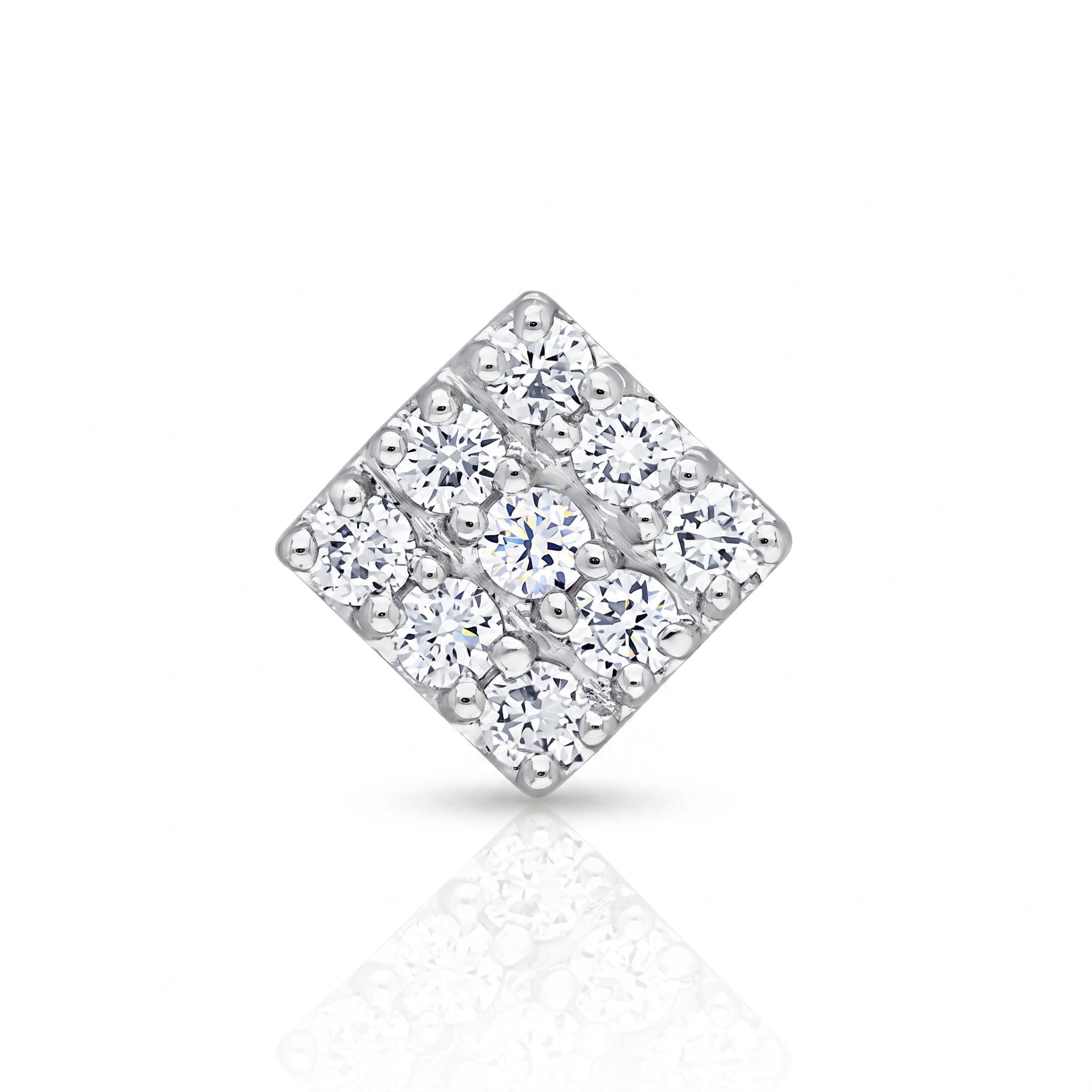 A square diamond-shaped cluster nosepin set with multiple round brilliant-cut clear stones in a silver-toned metal, shown on a white background with a soft reflection below.