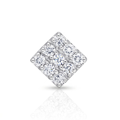 A square diamond-shaped cluster nosepin set with multiple round brilliant-cut clear stones in a silver-toned metal, shown on a white background with a soft reflection below.