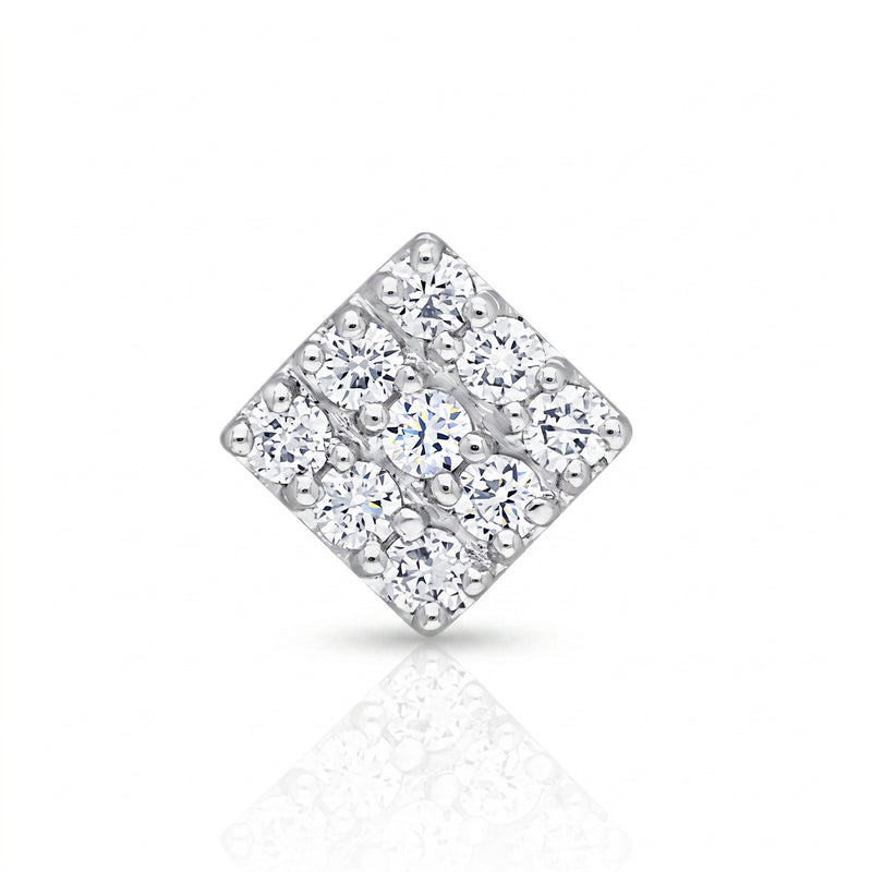 A square diamond-shaped cluster nosepin set with multiple round brilliant-cut clear stones in a silver-toned metal, shown on a white background with a soft reflection below.