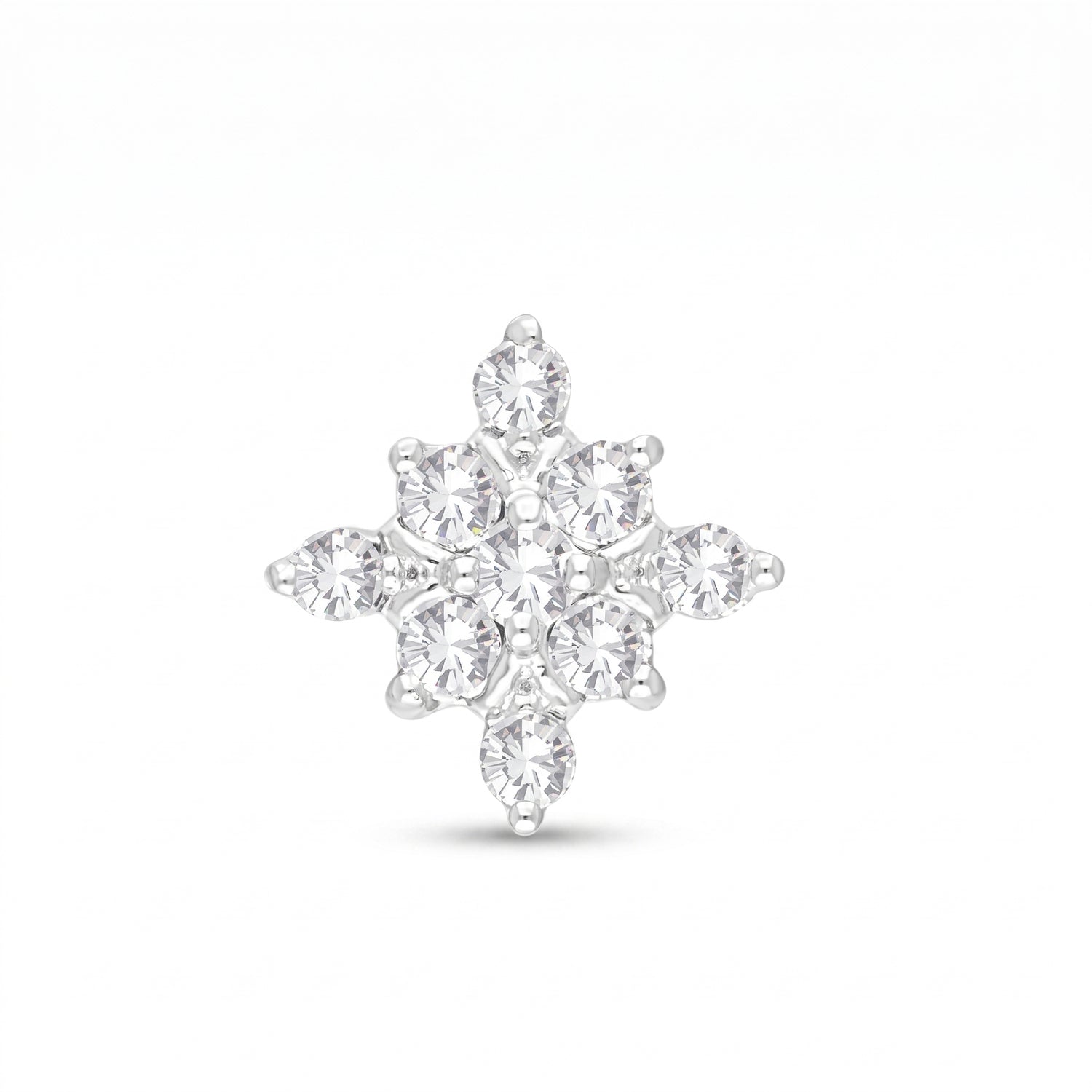 A snowflake-shaped cluster stud earring featuring multiple clear round-cut and marquise-cut gemstones in a silver-toned setting, centered on a plain white background.