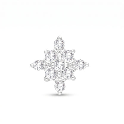 A snowflake-shaped cluster stud earring featuring multiple clear round-cut and marquise-cut gemstones in a silver-toned setting, centered on a plain white background.