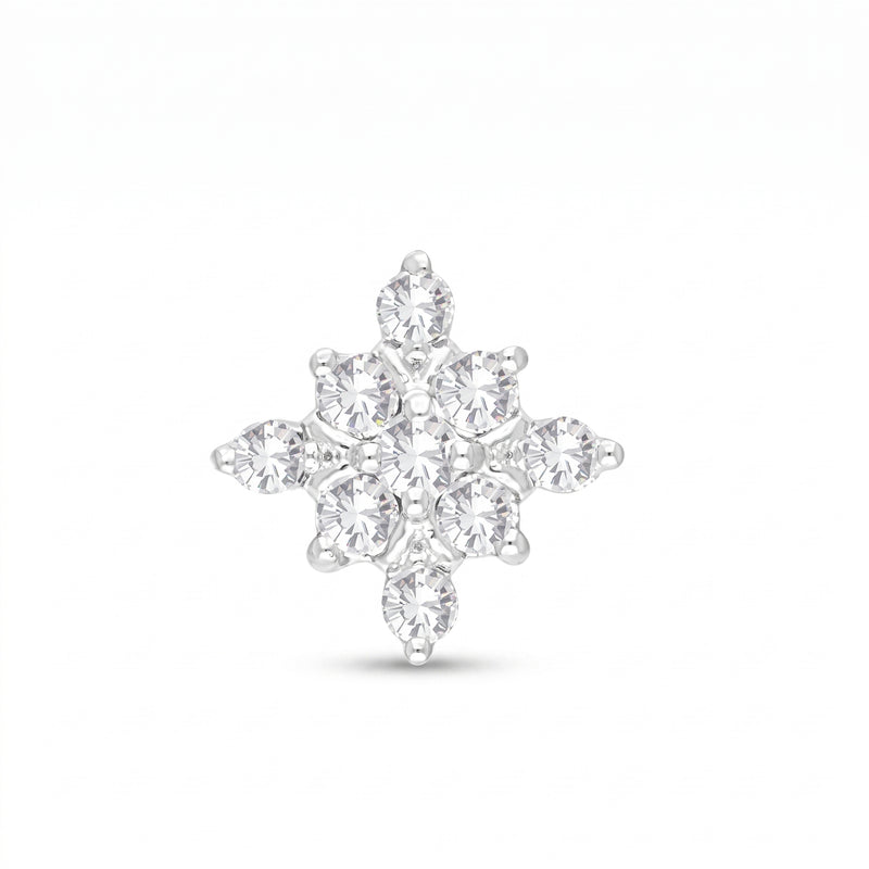 A snowflake-shaped cluster stud earring featuring multiple clear round-cut and marquise-cut gemstones in a silver-toned setting, centered on a plain white background.