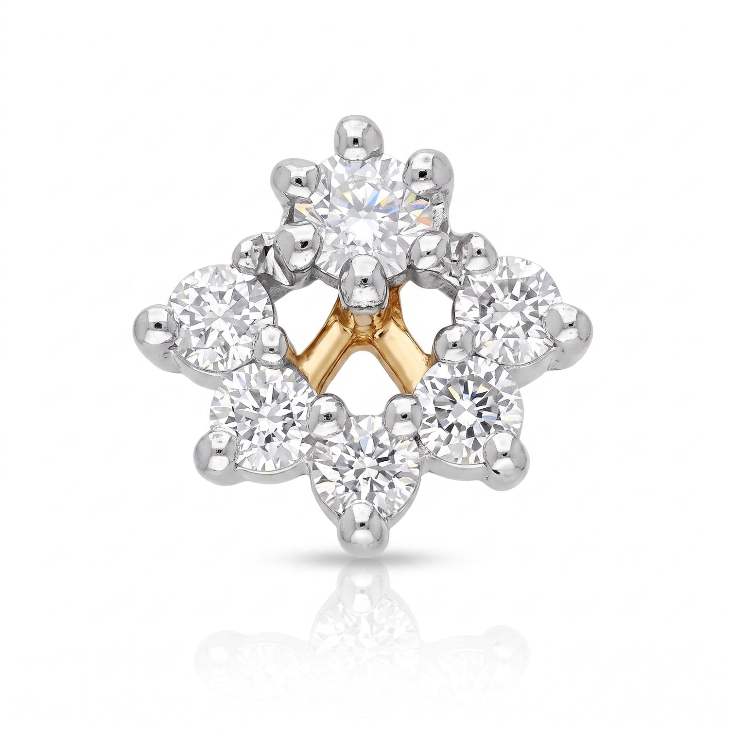 A floral cluster stud earring featuring clear round-cut diamonds in a silver-toned setting with a central yellow gold star accent, shown on a white background with a soft reflection.