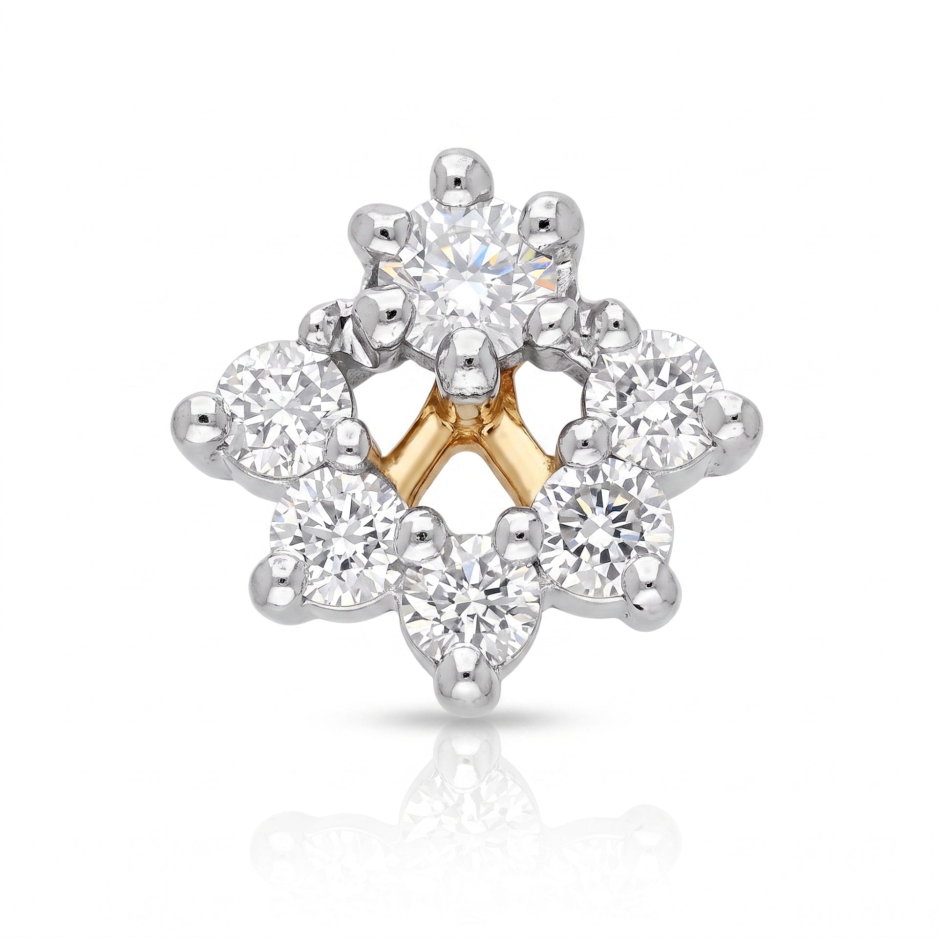 A floral cluster stud earring featuring clear round-cut diamonds in a silver-toned setting with a central yellow gold star accent, shown on a white background with a soft reflection.