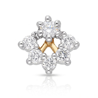 A floral cluster stud earring featuring clear round-cut diamonds in a silver-toned setting with a central yellow gold star accent, shown on a white background with a soft reflection.