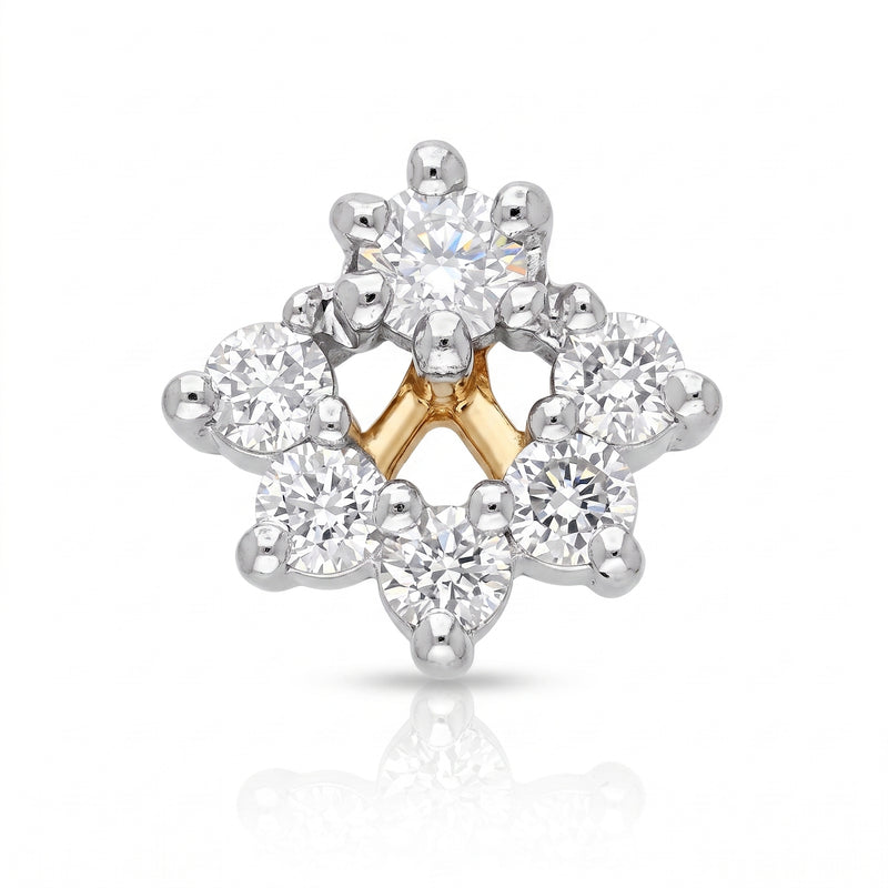 A floral cluster stud earring featuring clear round-cut diamonds in a silver-toned setting with a central yellow gold star accent, shown on a white background with a soft reflection.