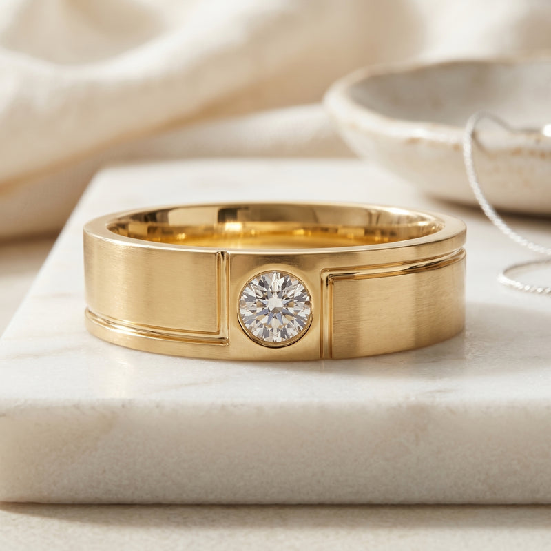 Gold ring with a diamond on a beige fabric background