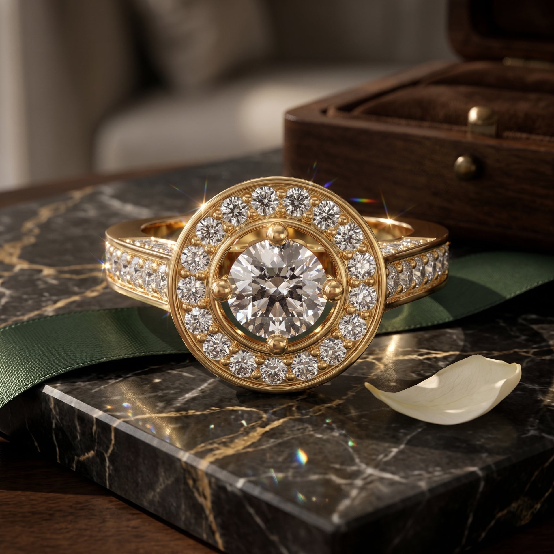 Gold diamond ring on a marble surface with a blurred background