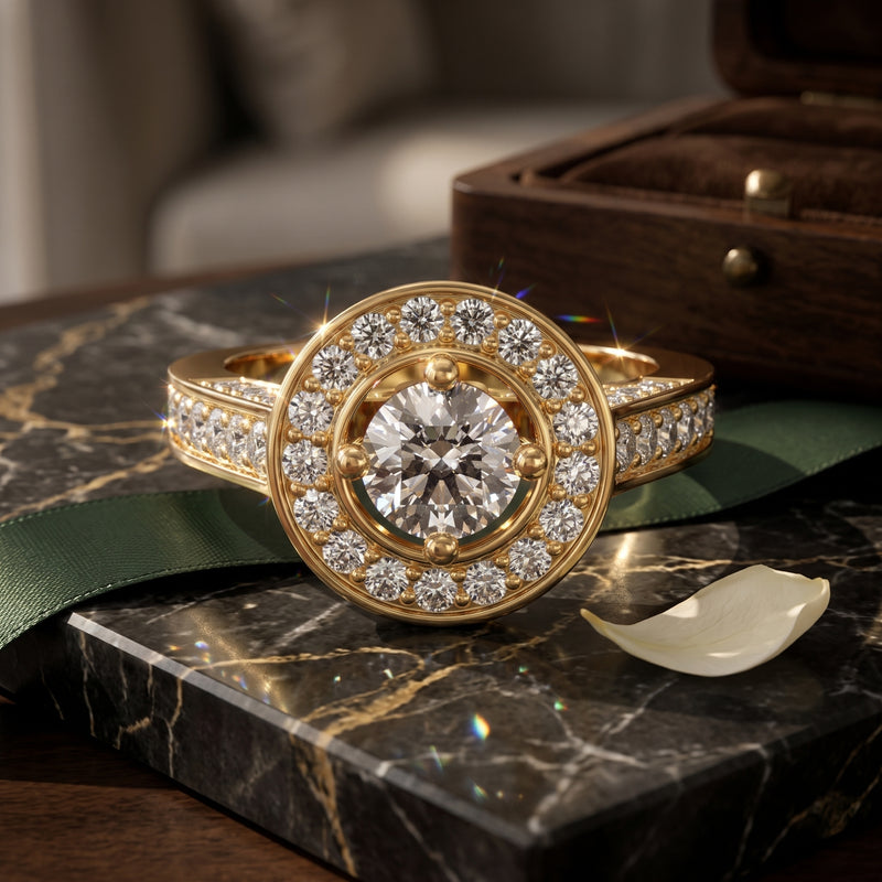 Gold diamond ring on a marble surface with a blurred background