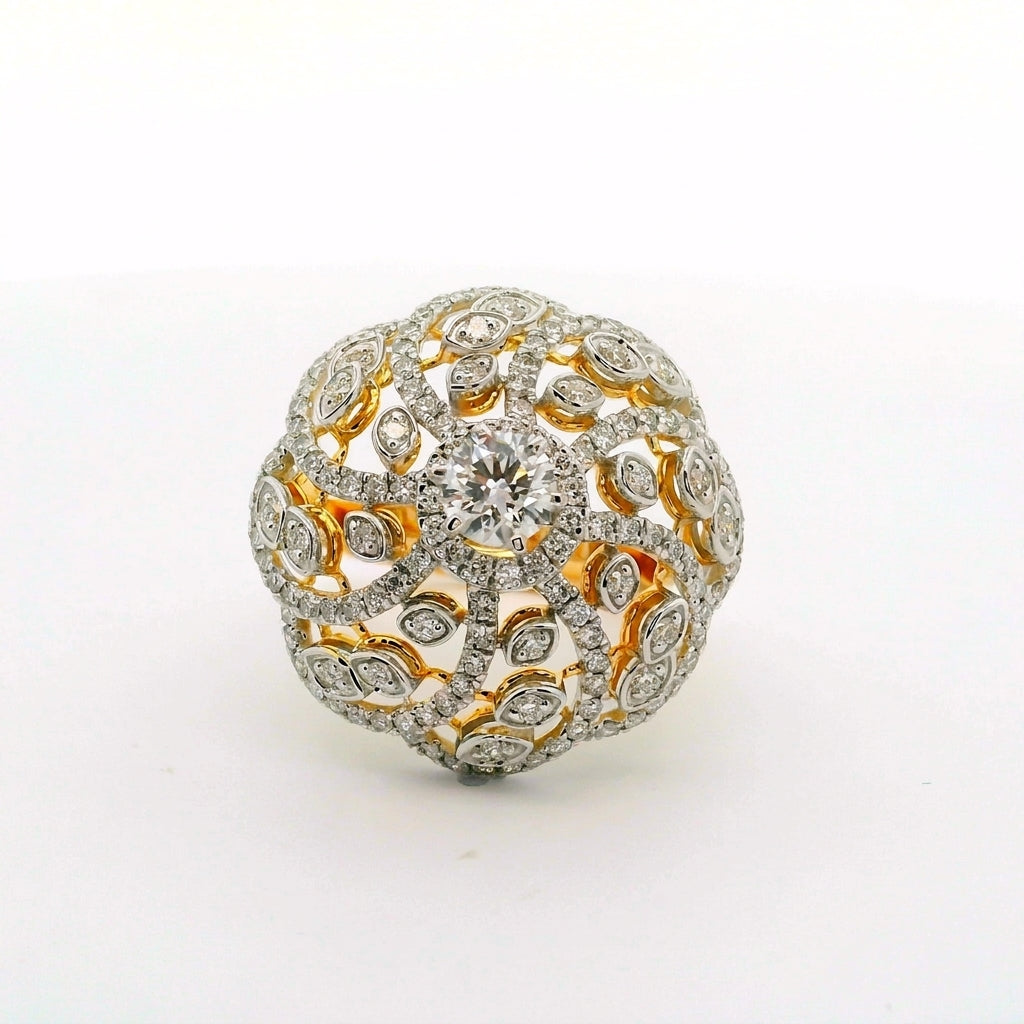 Decorative sphere with gold and silver design ring on a white background