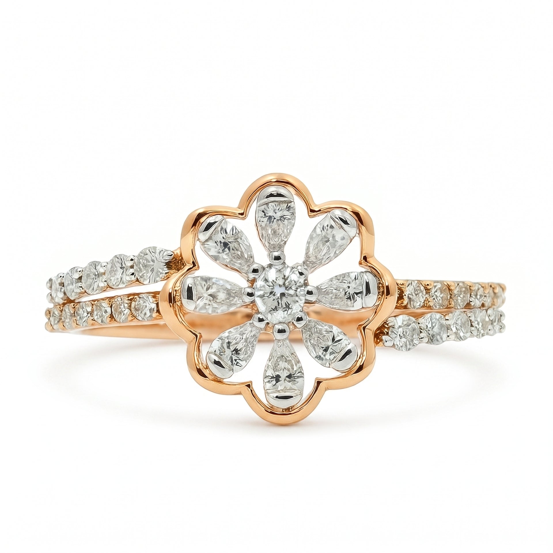 Rose gold ring with diamond accents on a white background