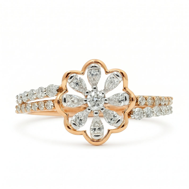 Rose gold ring with diamond accents on a white background
