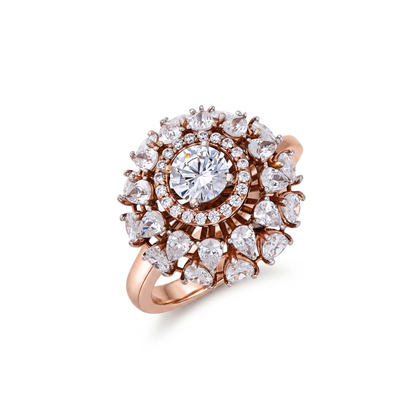 Rose gold ring with diamond accents on a white background