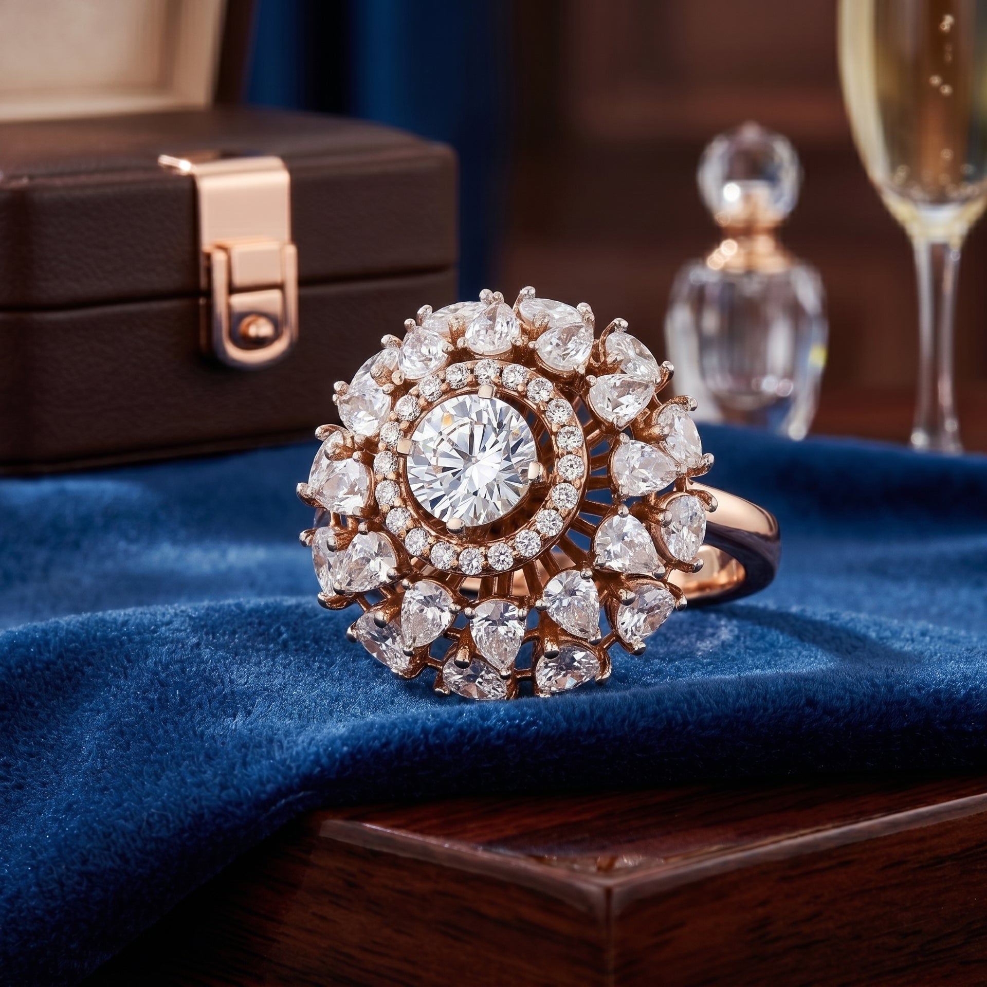 Luxury diamond ring on a blue fabric with a jewelry box and glass in the background