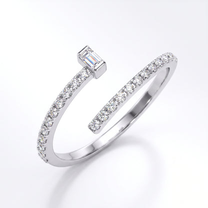 Silver open ring with diamond accents on a white background