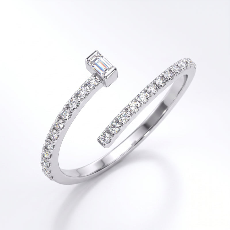 Silver open ring with diamond accents on a white background