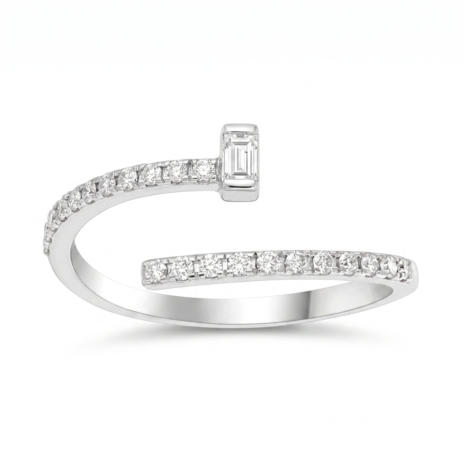 Silver ring with diamond accents on a white background