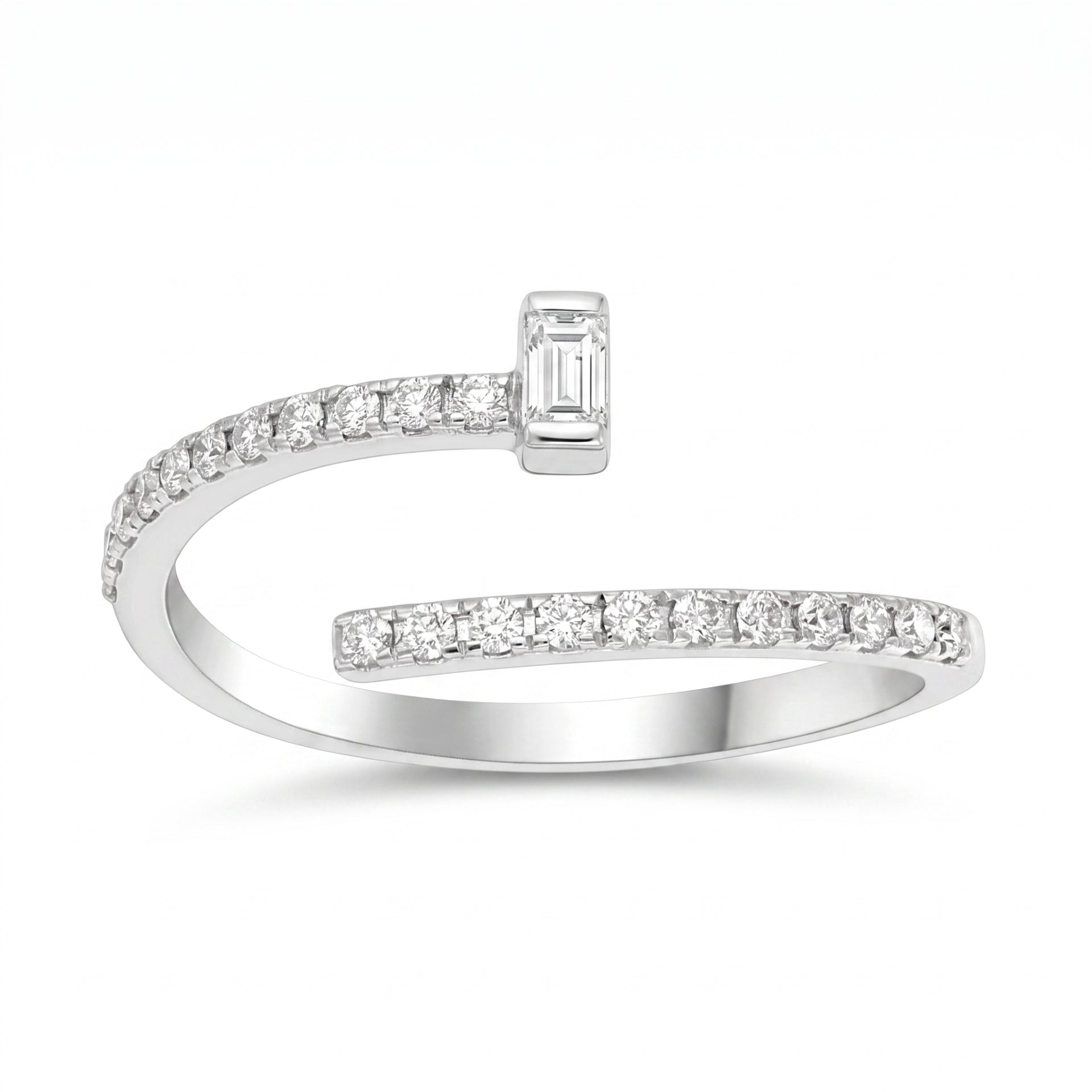 Silver ring with diamond accents on a white background