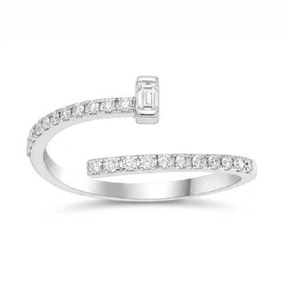 Silver ring with diamond accents on a white background