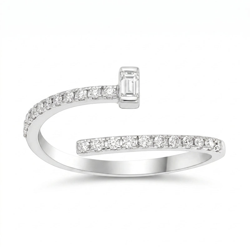 Silver ring with diamond accents on a white background