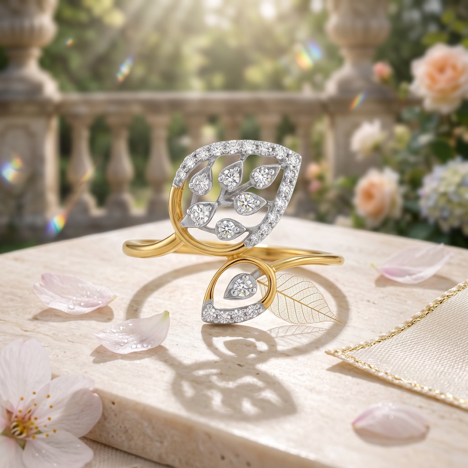 Gold and silver leaf-shaped rings on a stone surface with flowers in the background
