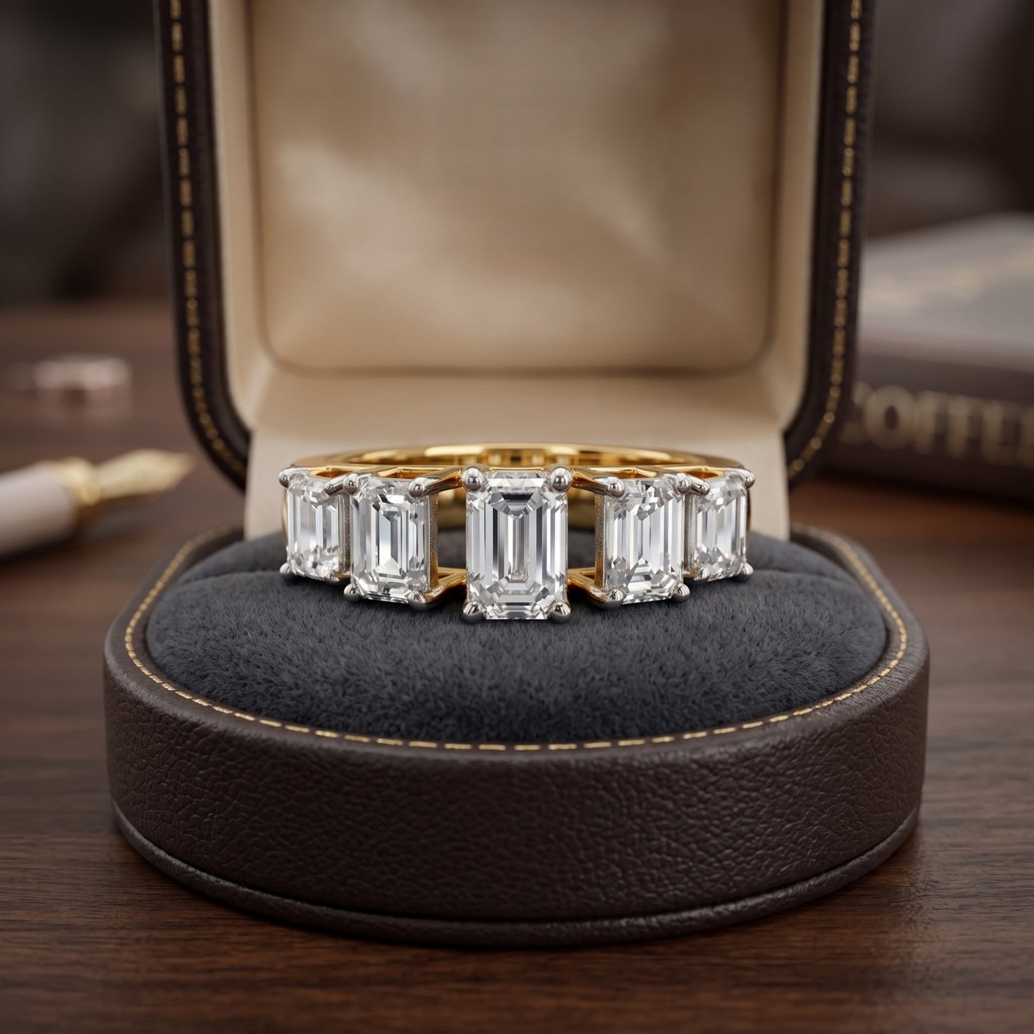 Gold ring with emerald-cut diamonds on a dark cushion in a jewelry box.