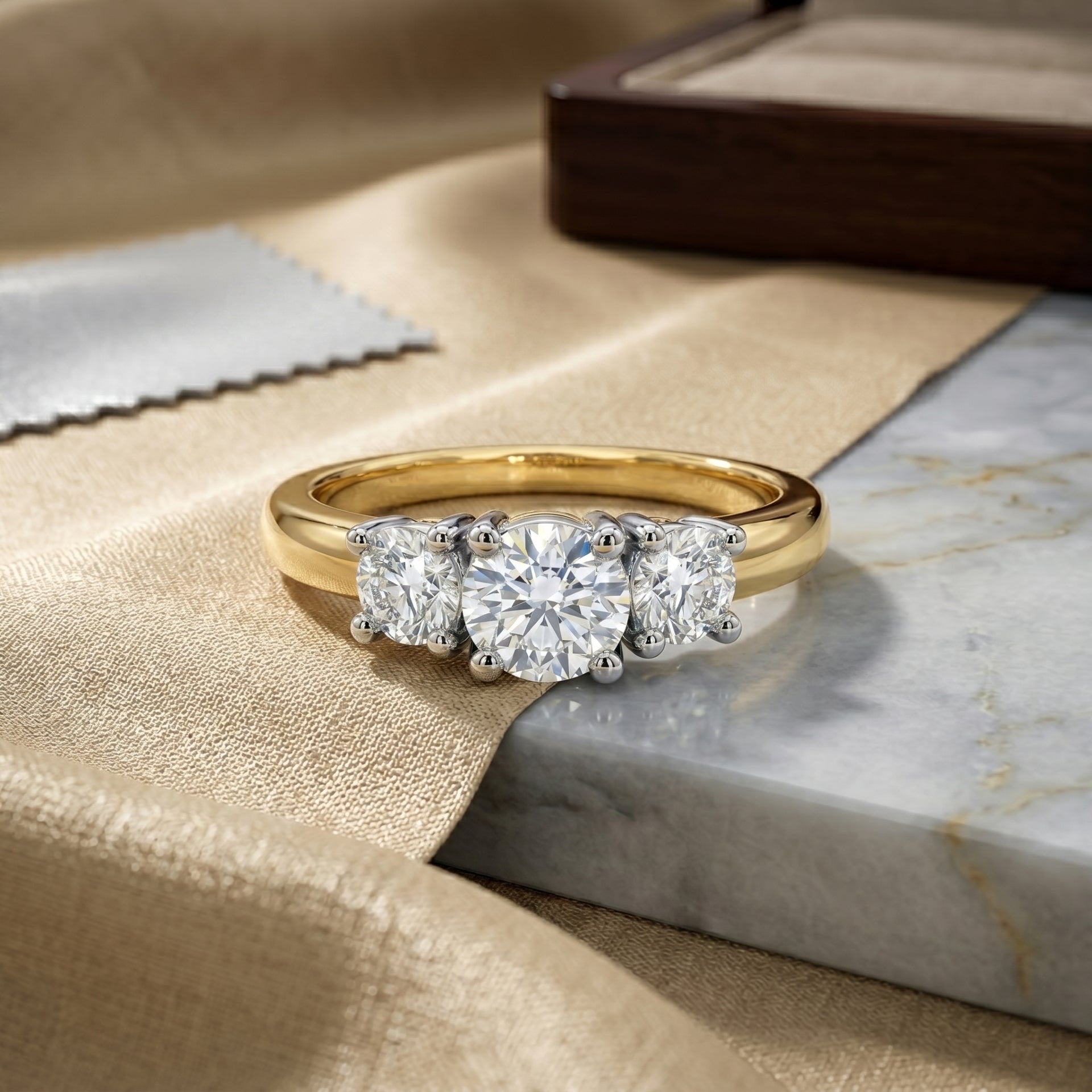 Gold ring with three diamonds on a marble surface