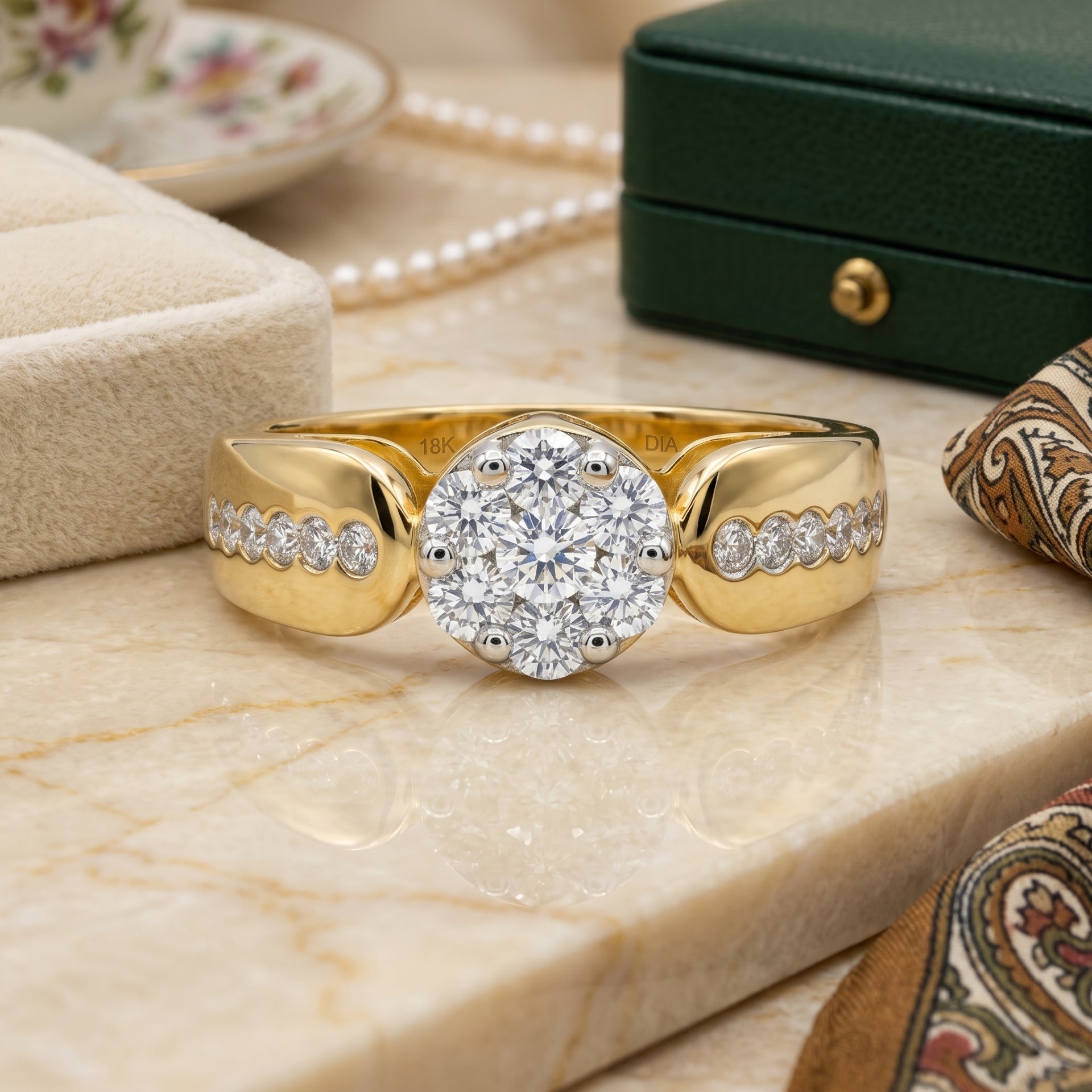 Gold ring with diamonds on a marble surface with jewelry box and pearls in the background