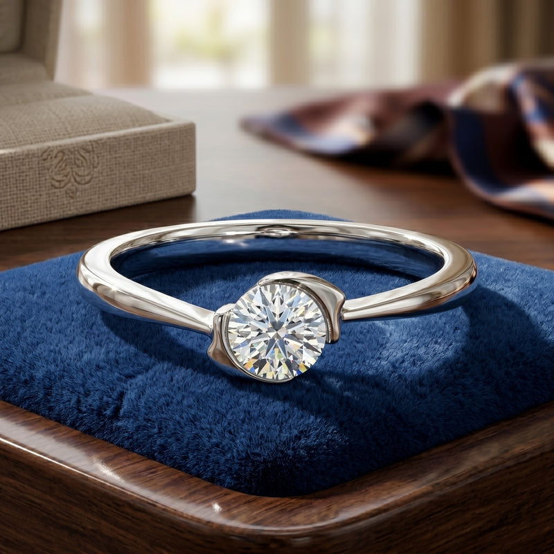 Silver ring with a diamond on a blue cushion in a blurred indoor setting