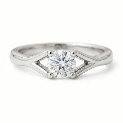 Classic solitaire ring featuring a round lab-grown diamond on a white background.