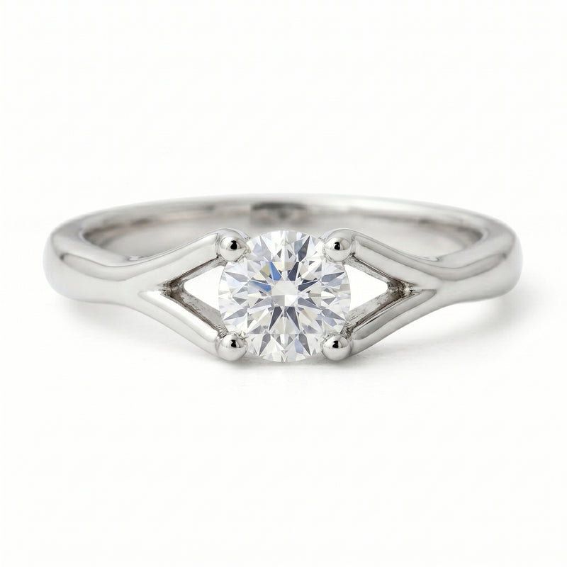 Classic solitaire ring featuring a round lab-grown diamond on a white background.