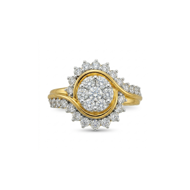 Gold and diamond ring on a white background