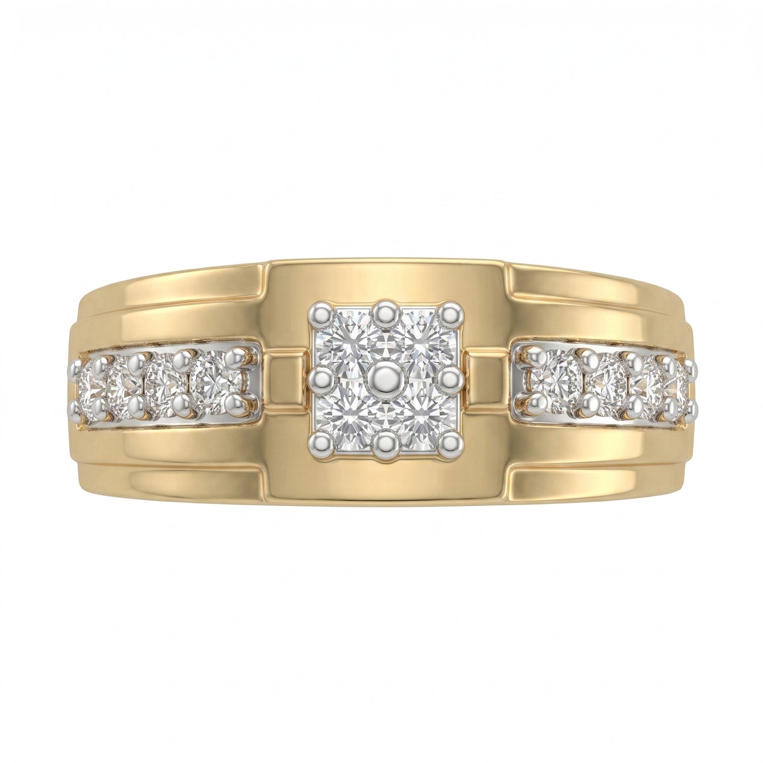 Gold ring with diamond accents on a white background