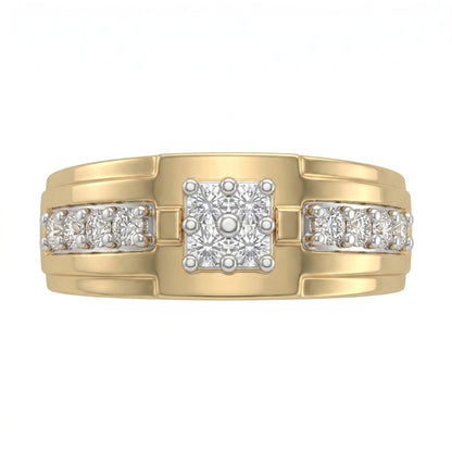 Gold ring with diamond accents on a white background