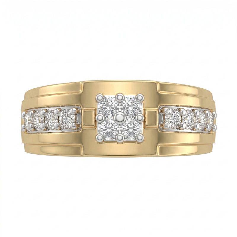 Gold ring with diamond accents on a white background