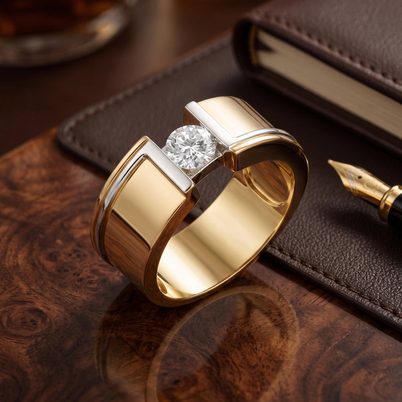 Gold ring with a diamond on a wooden surface