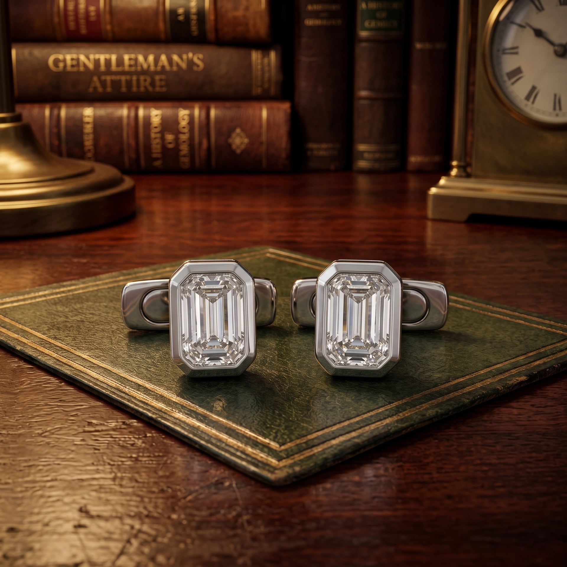 A pair of silver-toned cufflinks with large rectangular baguette-cut clear stones, displayed on an old green book on a wooden desk with vintage books and a clock in the background.