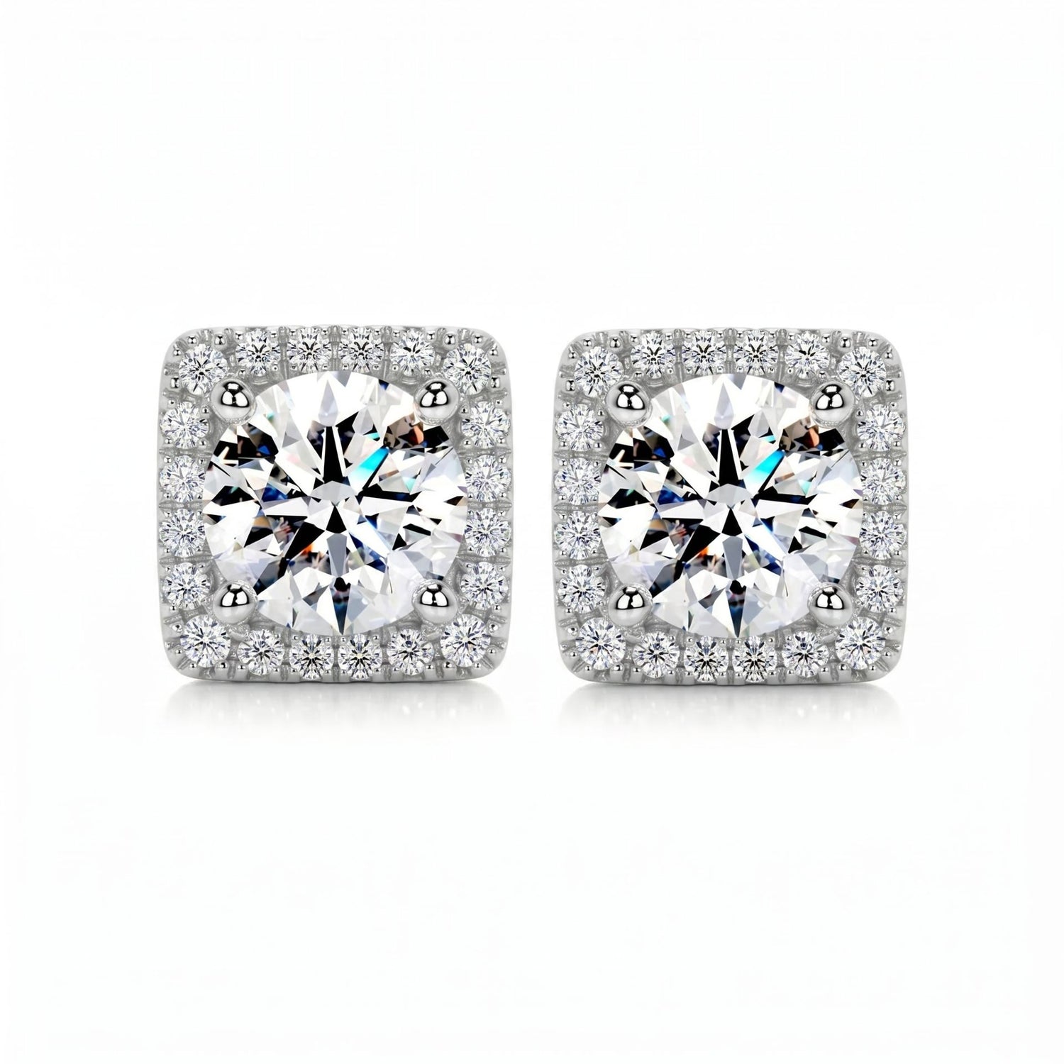 Square halo stud earrings featuring brilliant round lab-grown diamonds surrounded by a sparkling diamond halo on a white background.