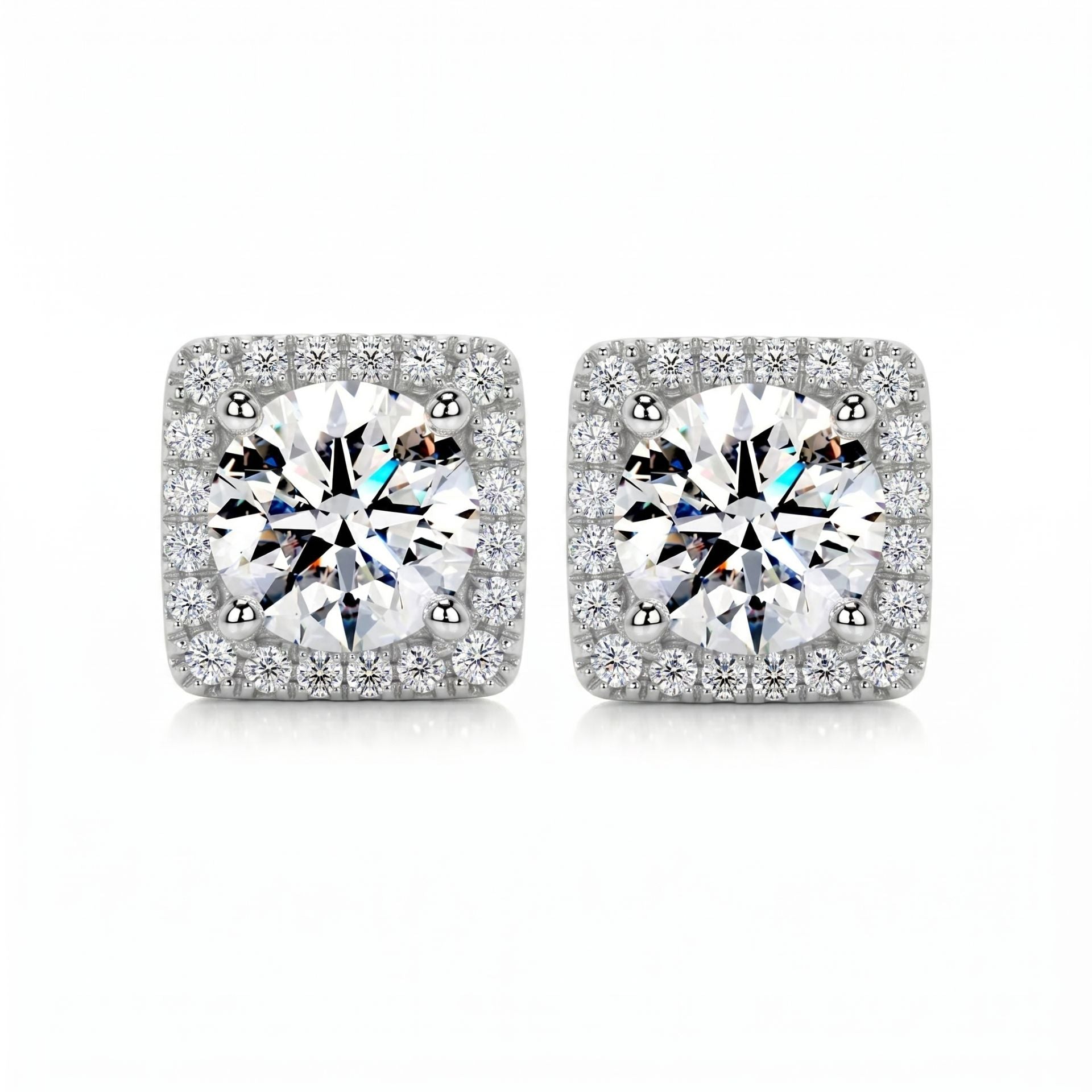 Square halo stud earrings featuring brilliant round lab-grown diamonds surrounded by a sparkling diamond halo on a white background.