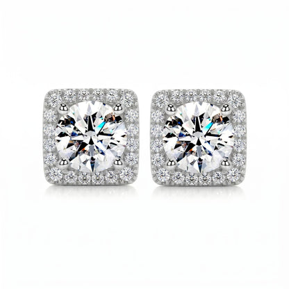 Square halo stud earrings featuring brilliant round lab-grown diamonds surrounded by a sparkling diamond halo on a white background.